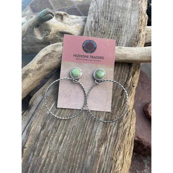 Navajo Sonoran Gold Turquoise & Sterling Silver Dangle Hoop Earrings